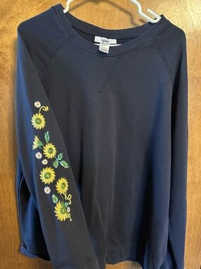 Navy Sunflower Embroidered Sleeve Sweatshirt